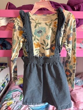 Carter's Floral Long Sleeve Top with Blue Denim Suspender Skirt